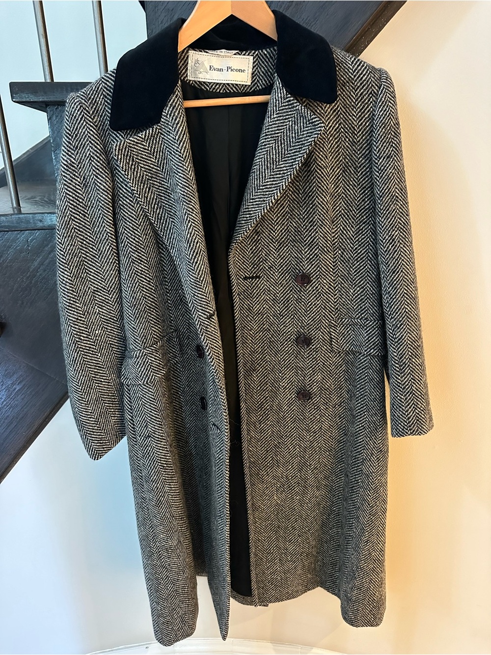 Evan Picone Herringbone Wool Coat with Black Velvet Collar